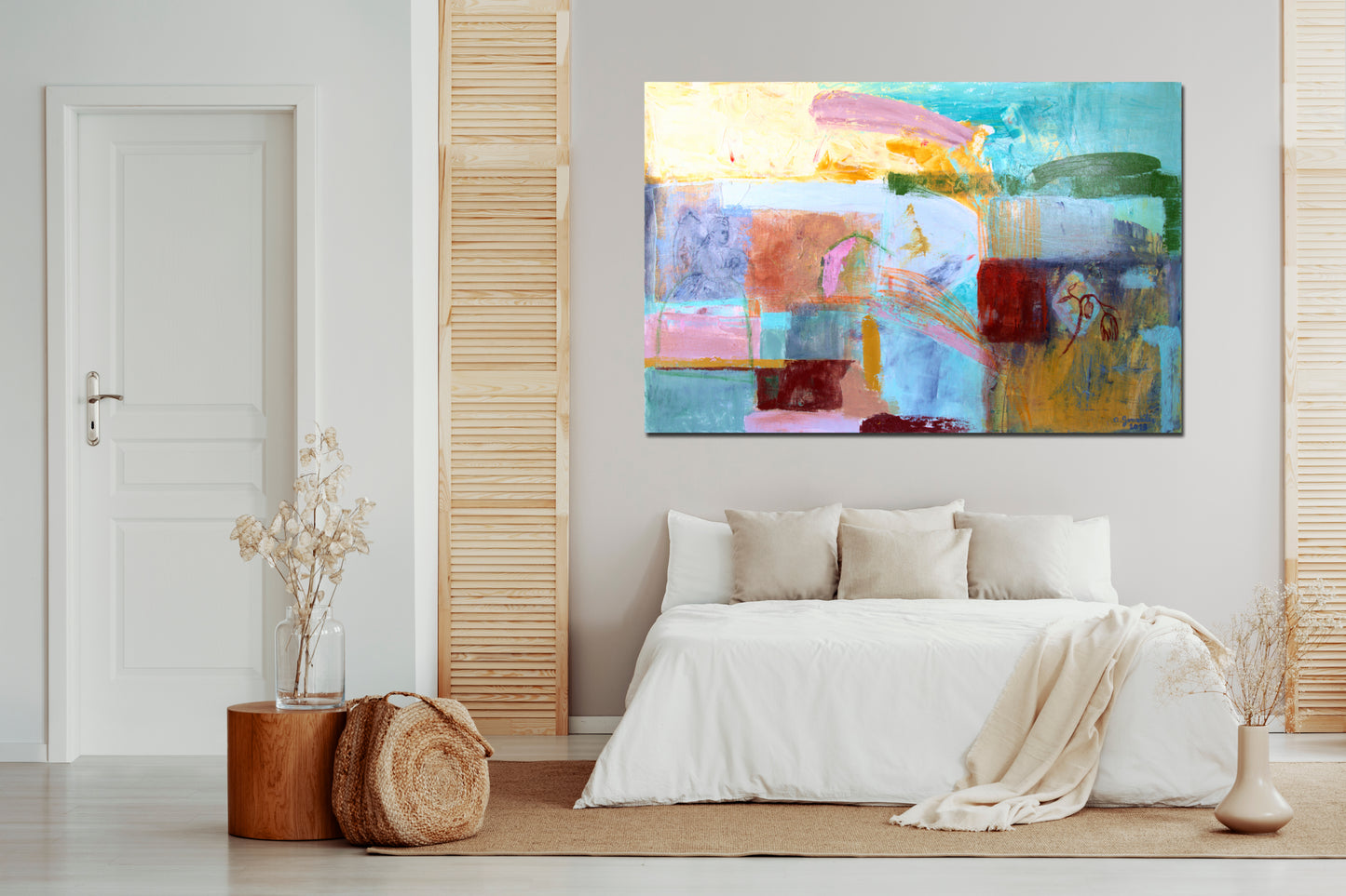 Painting Large wall Art Abstract canvas 40x26 mixed media turquoise, red, orange, green, gray, cream Spanish Art