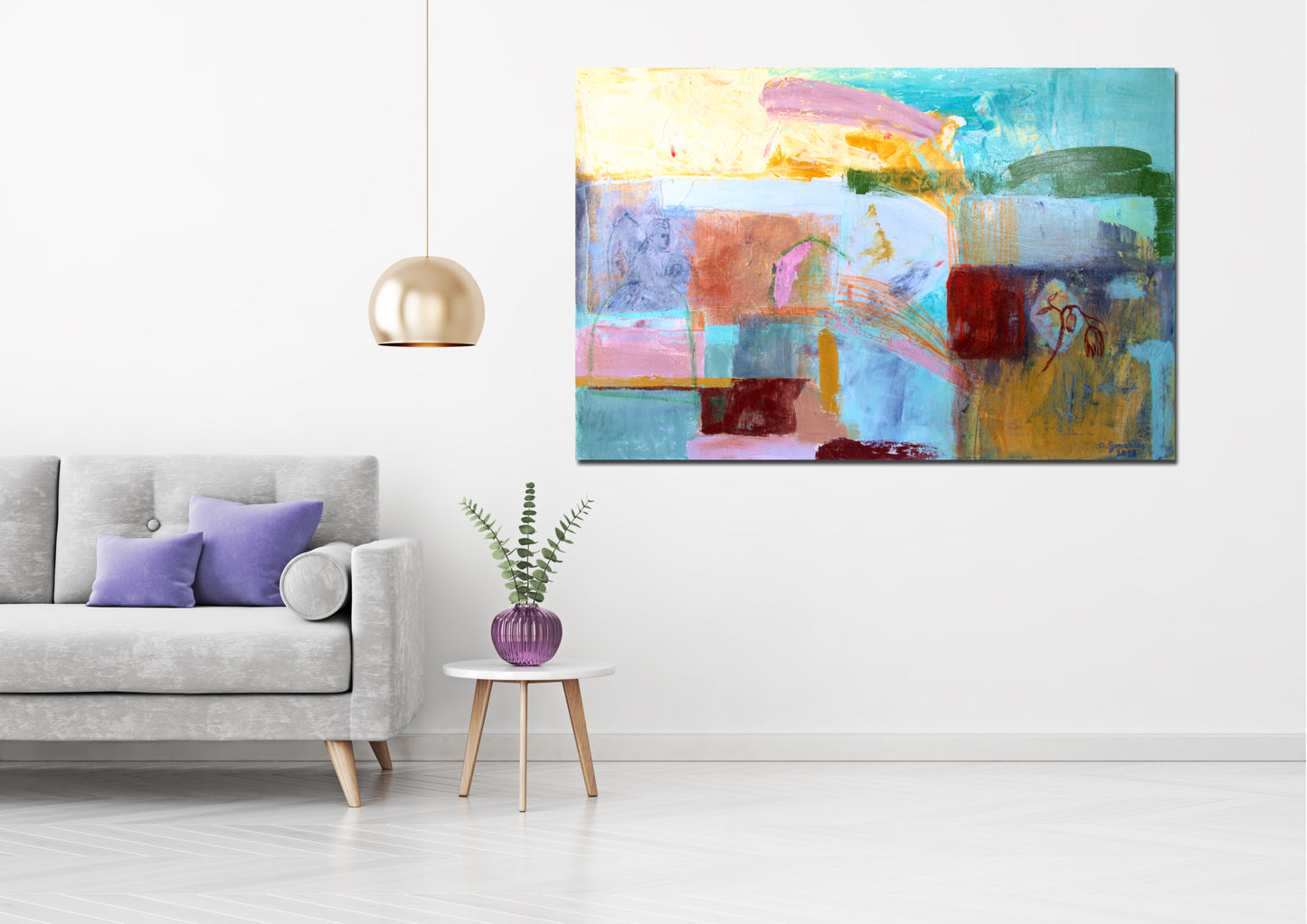 Painting Large wall Art Abstract canvas 40x26 mixed media turquoise, red, orange, green, gray, cream Spanish Art