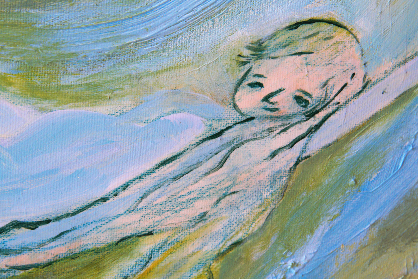 Original Painting canvas wall Art 40"x24", 100 x 60 cm, Large, landscape, bathers, river, girls, turquoise, green AnaGonzalezArt