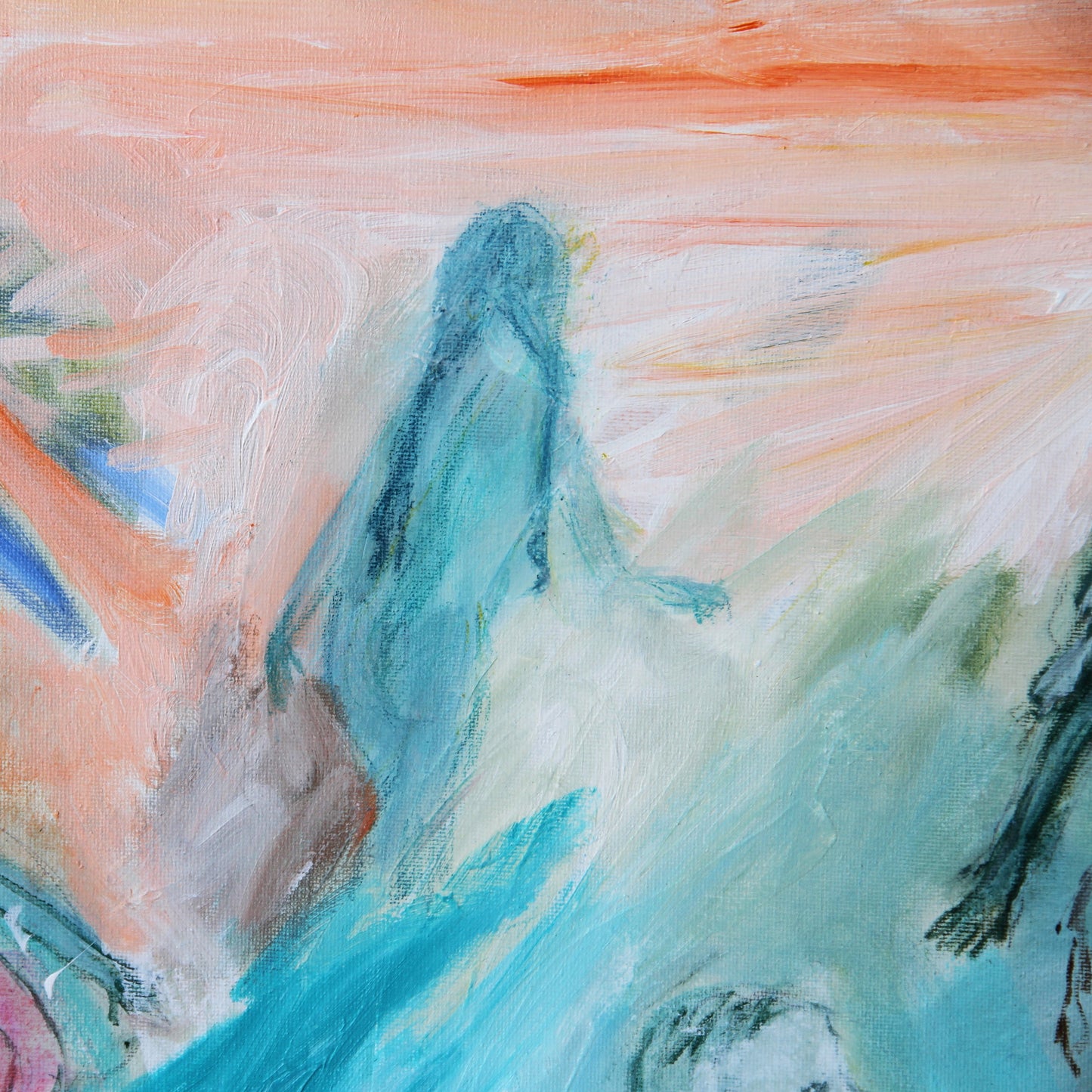 Original Painting canvas wall Art 40"x26" Large, landscape, sea, bathers, orange turquoise, green AnaGonzalezArt