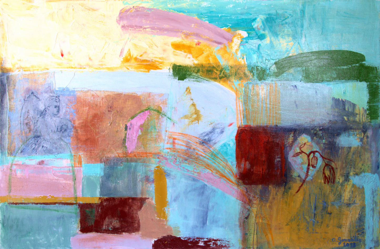 Painting Large wall Art Abstract canvas 40x26 mixed media turquoise, red, orange, green, gray, cream Spanish Art
