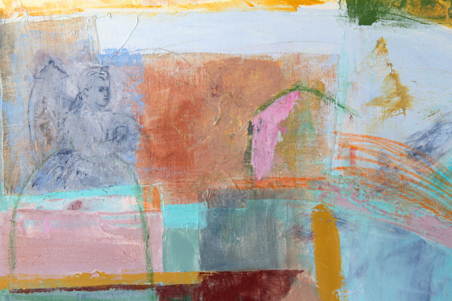 Painting Large wall Art Abstract canvas 40x26 mixed media turquoise, red, orange, green, gray, cream Spanish Art