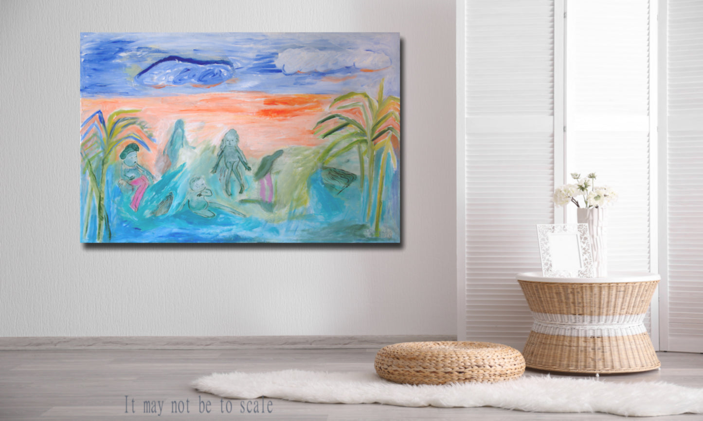 Original Painting canvas wall Art 40"x26" Large, landscape, sea, bathers, orange turquoise, green AnaGonzalezArt