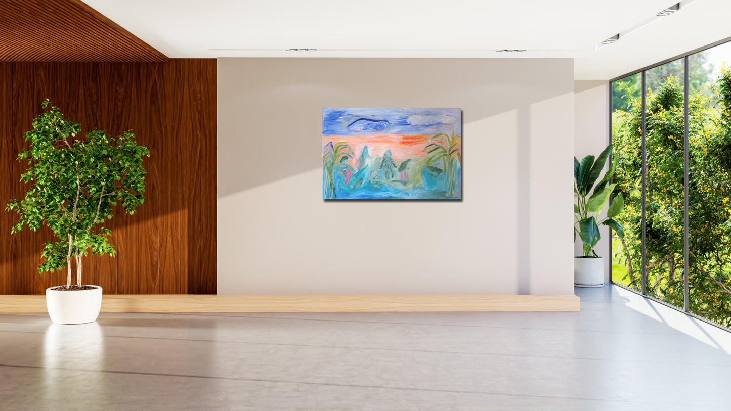 Original Painting canvas wall Art 40"x26" Large, landscape, sea, bathers, orange turquoise, green AnaGonzalezArt