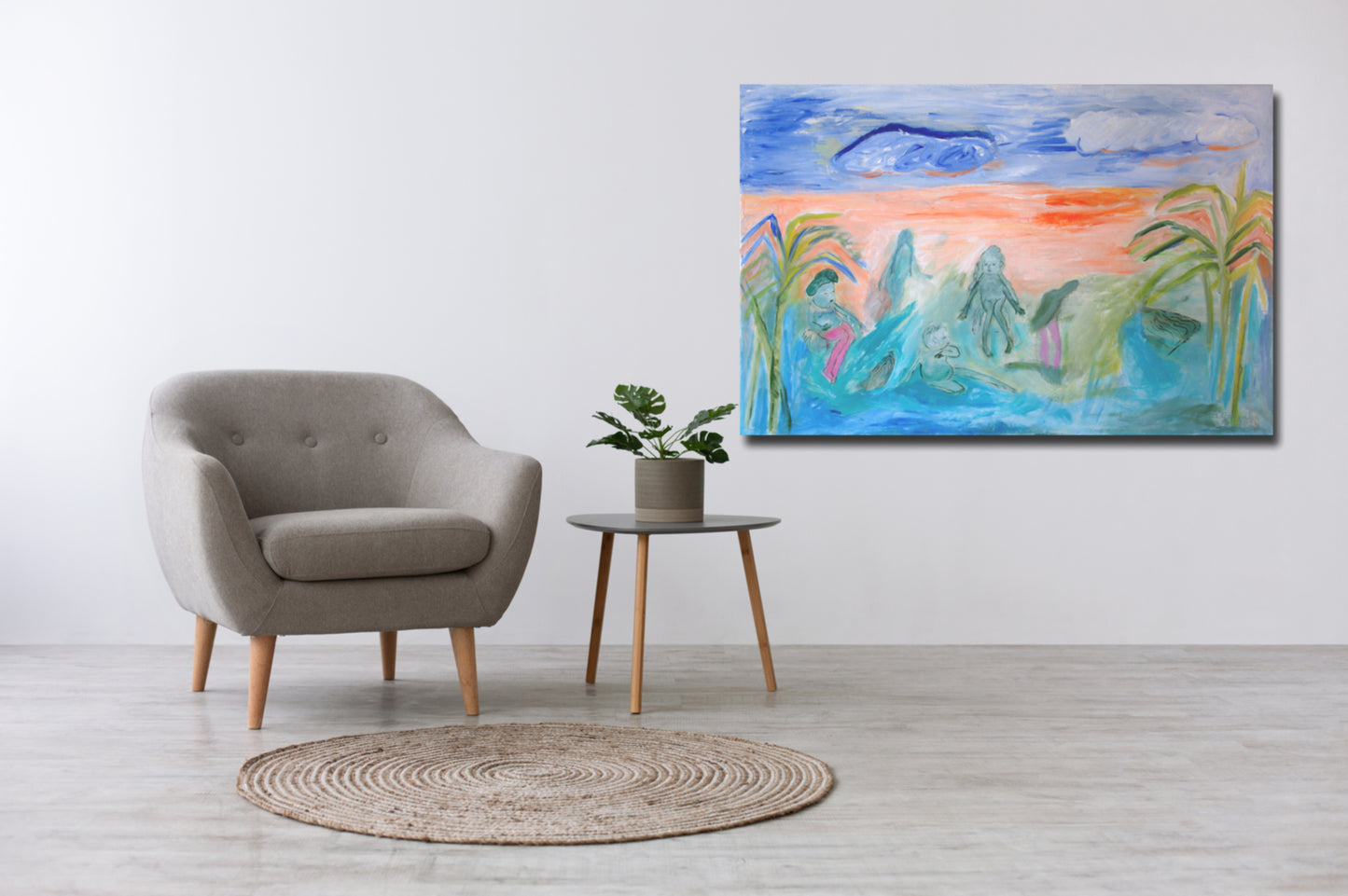 Original Painting canvas wall Art 40"x26" Large, landscape, sea, bathers, orange turquoise, green AnaGonzalezArt