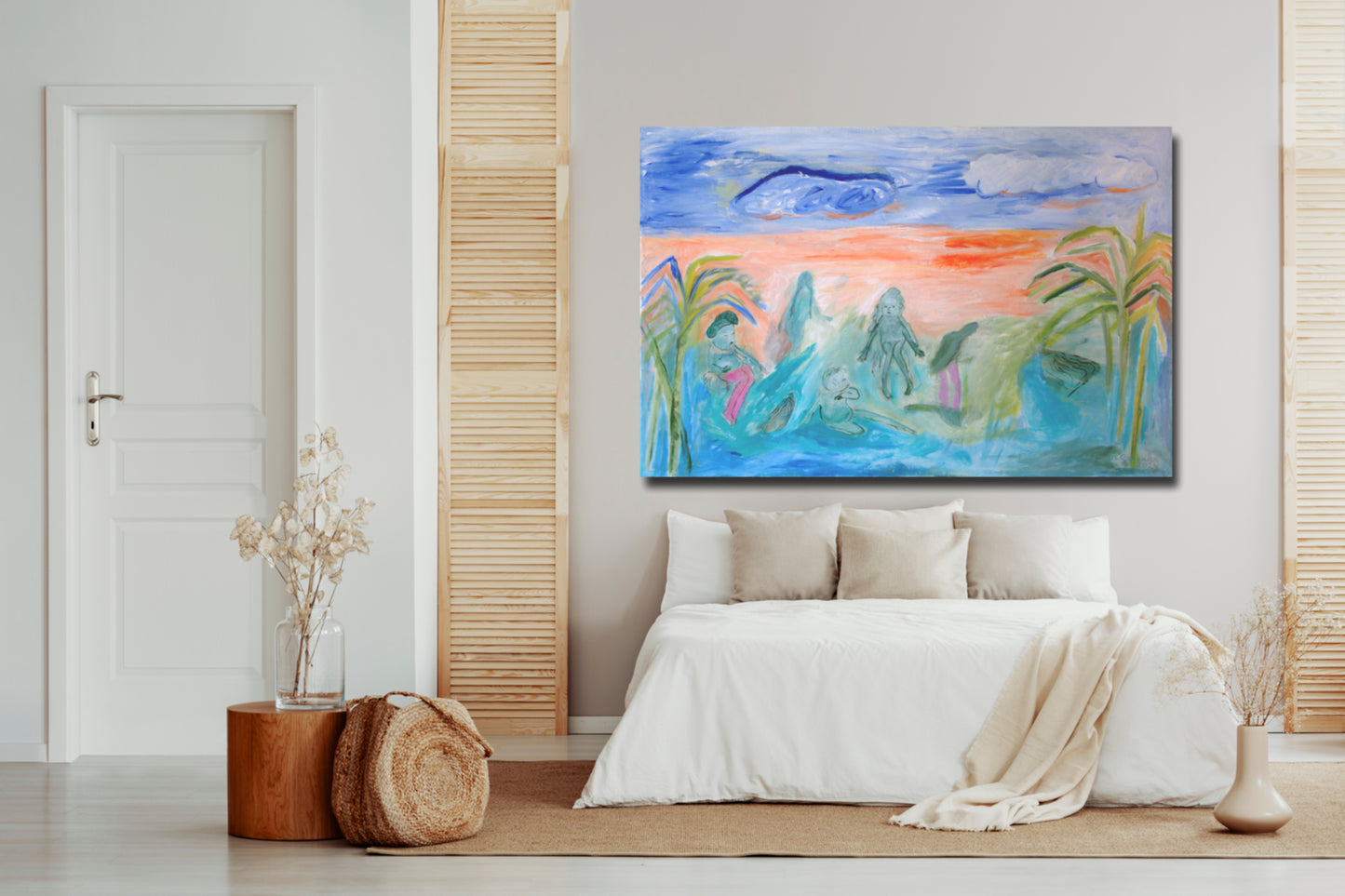 Original Painting canvas wall Art 40"x26" Large, landscape, sea, bathers, orange turquoise, green AnaGonzalezArt