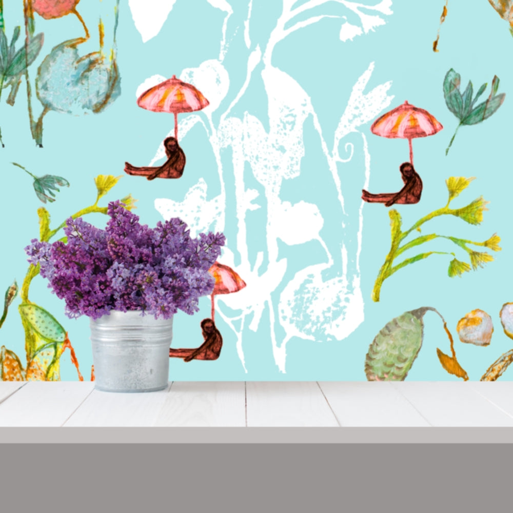 Wallpaper Peel and Stick Walls and Furniture, Removable, Matte Finish, Textile Texture, PVC Free, Modern Design girls turquoise Flowers