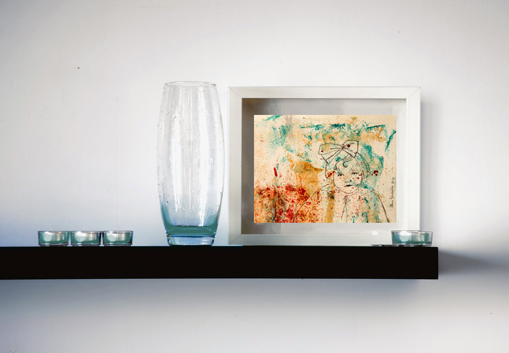 Original Monotype print, drawing series Isabel 1930, child, turquoise, black, red ink by Ana González