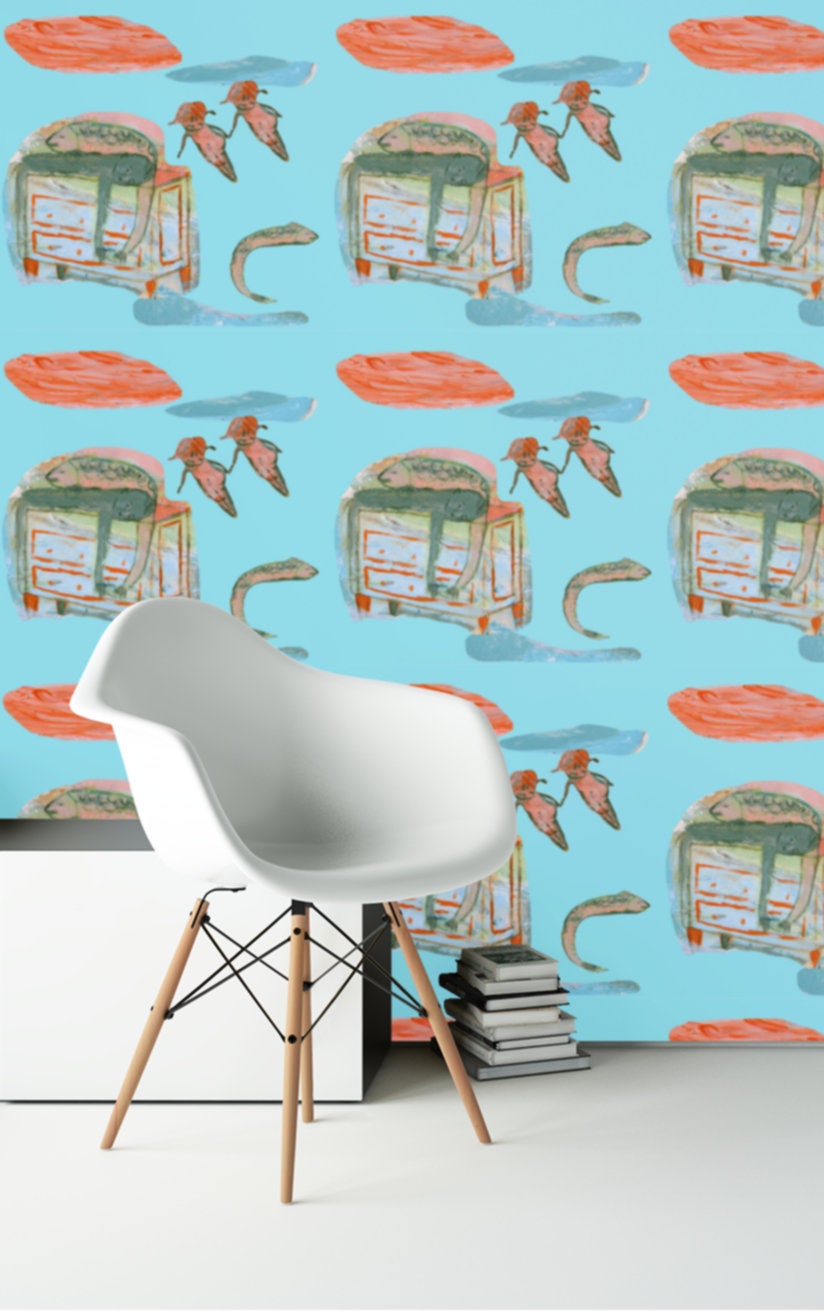 Wallpaper Peel and Stick Walls and Furniture, Removable, Matte Finish, Textile Texture, PVC Free Modern Design friends turquoise boy fish