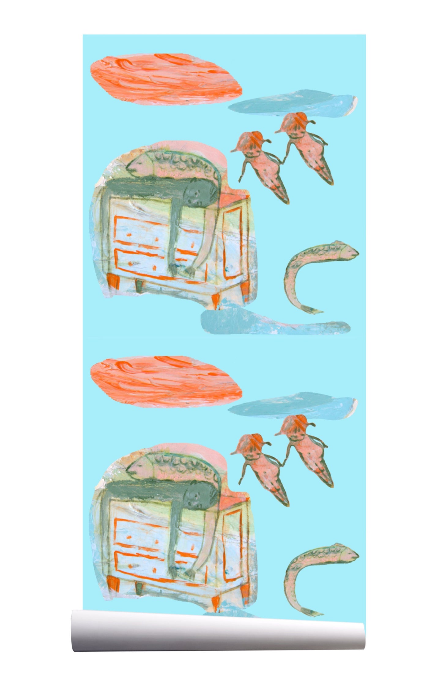 Wallpaper Peel and Stick Walls and Furniture, Removable, Matte Finish, Textile Texture, PVC Free Modern Design friends turquoise boy fish