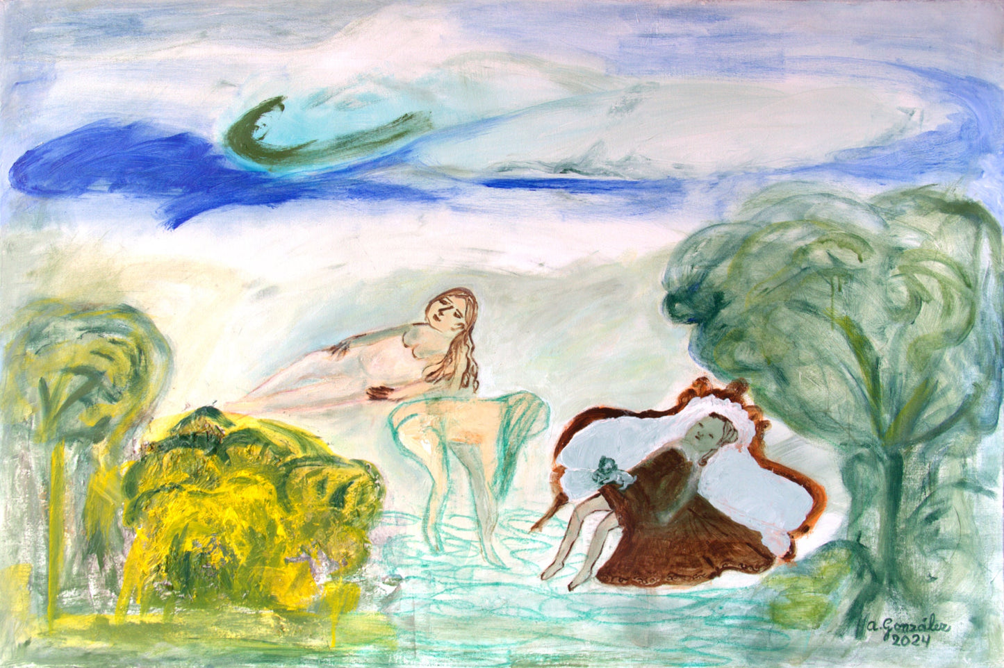 Abstract Original Painting canvas 40x26" Large wall Art bathers girls dog trees turquoise green pink AnaGonzalezArt