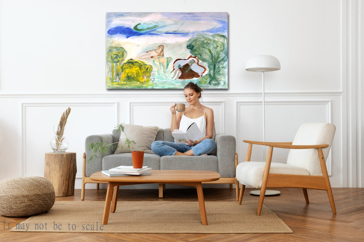 Abstract Original Painting canvas 40x26" Large wall Art bathers girls dog trees turquoise green pink AnaGonzalezArt