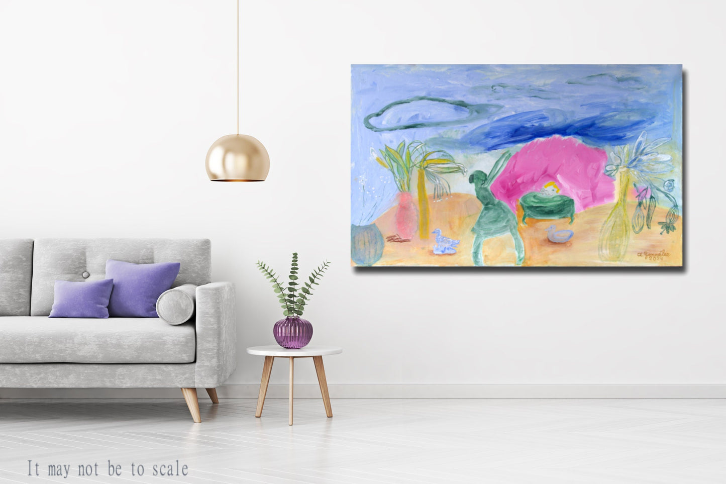 Abstract Original Painting canvas 40x26" Large wall Art girls trees turquoise green AnaGonzalezArt