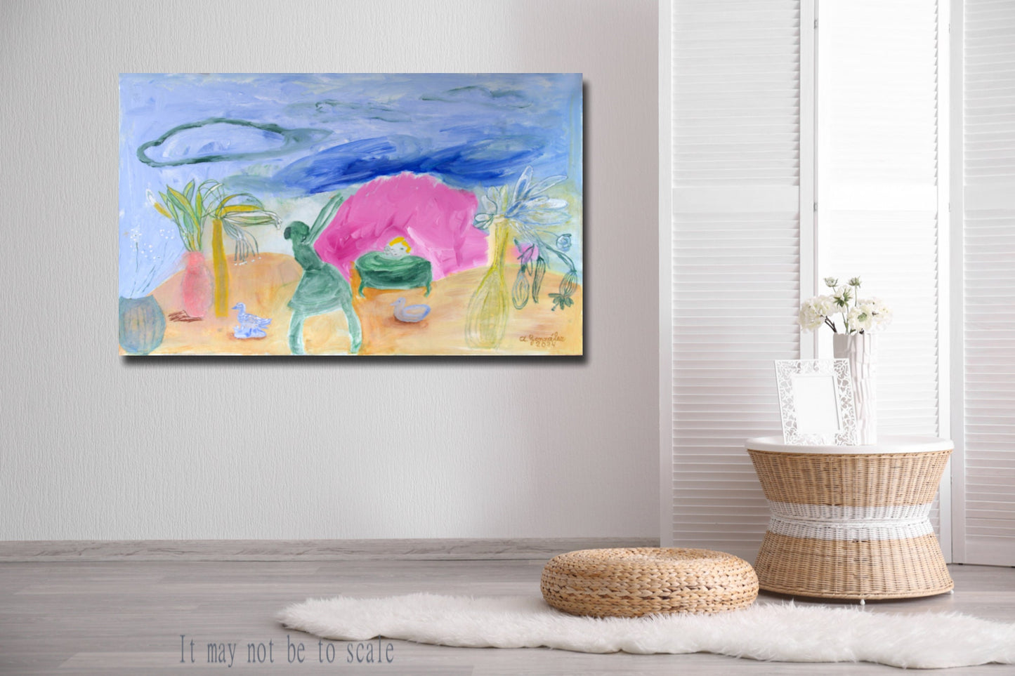 Abstract Original Painting canvas 40x26" Large wall Art girls trees turquoise green AnaGonzalezArt