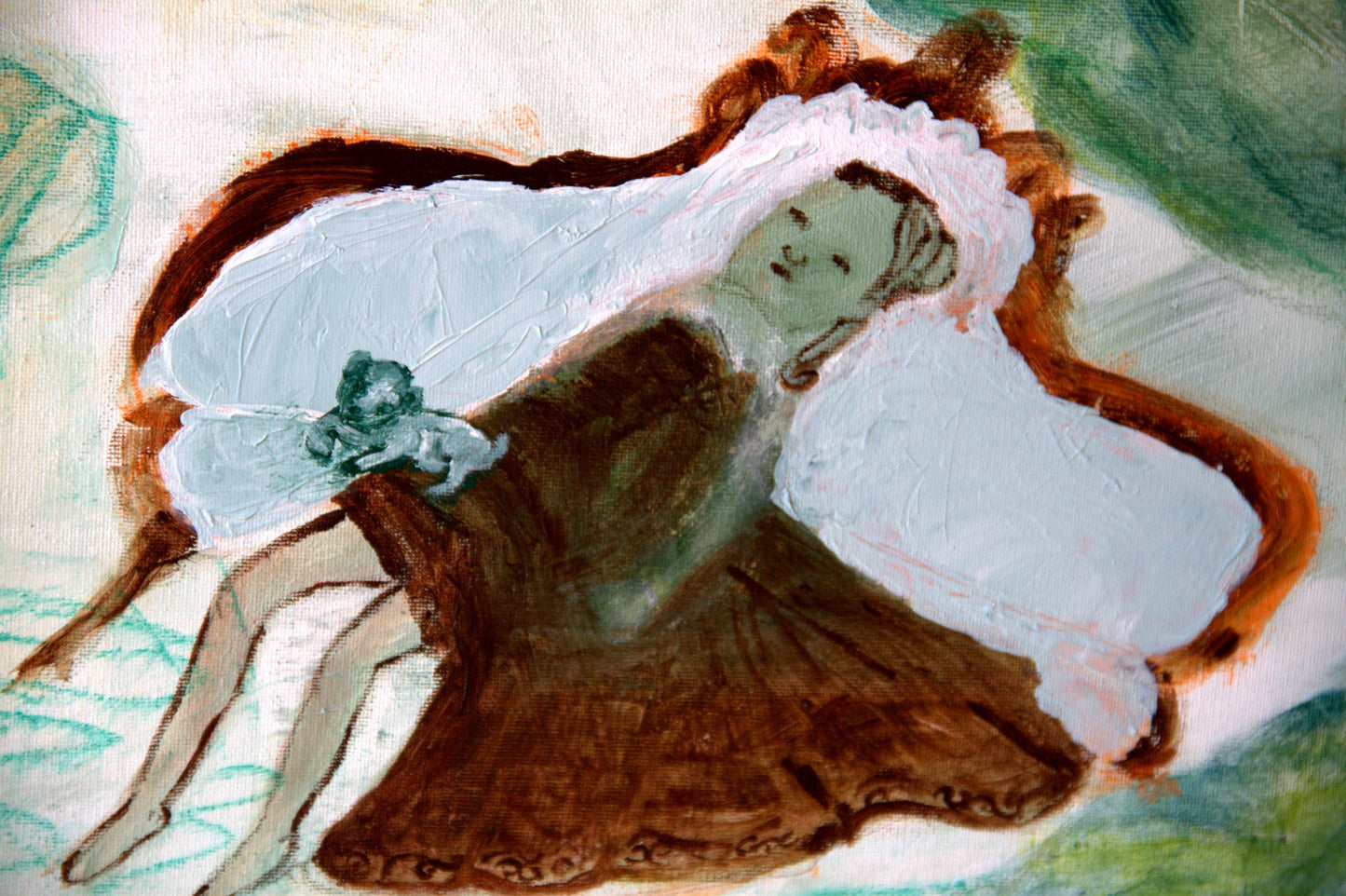 Abstract Original Painting canvas 40x26" Large wall Art bathers girls dog trees turquoise green pink AnaGonzalezArt