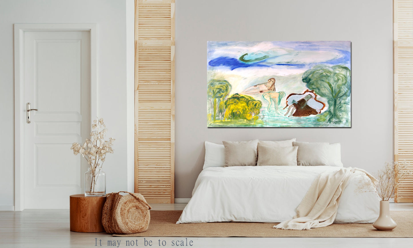 Abstract Original Painting canvas 40x26" Large wall Art bathers girls dog trees turquoise green pink AnaGonzalezArt
