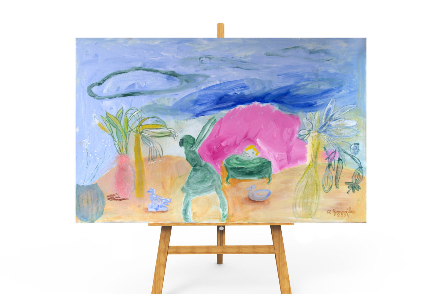 Abstract Original Painting canvas 40x26" Large wall Art girls trees turquoise green AnaGonzalezArt