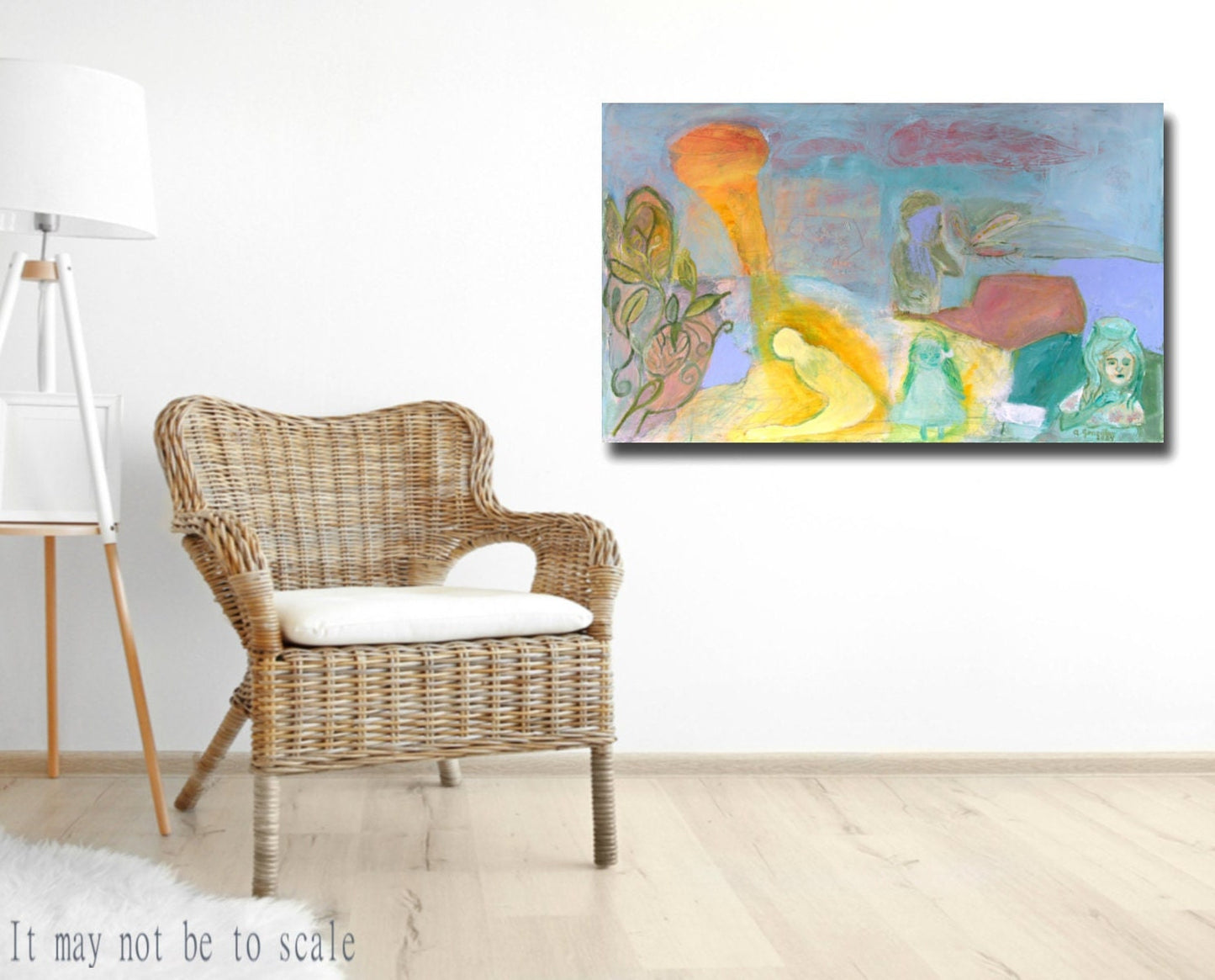 Abstract Original Painting canvas 40x24" Large wall Art girls trees turquoise green yellow AnaGonzalezArt
