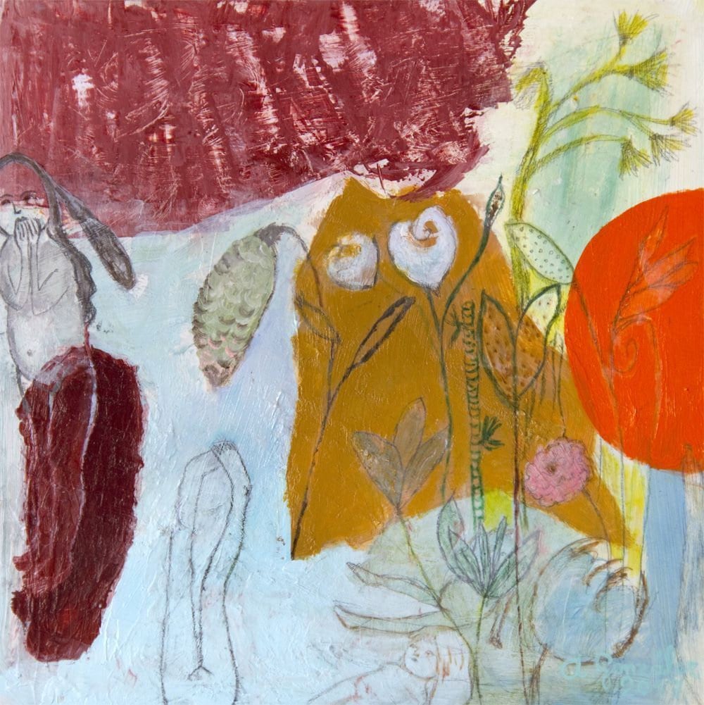 Original Painting 8"x 8" on cradled wood panel, girls sea plants decor home green orange mixed media expressionist art