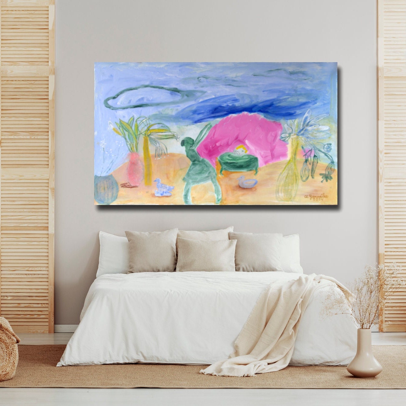 Abstract Original Painting canvas 40x26" Large wall Art girls trees turquoise green AnaGonzalezArt