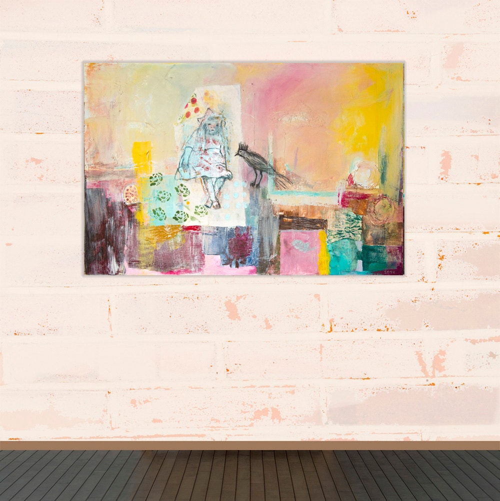 Abstract Painting canvas 40x26 Large wall Art mixed media turquoise green yellow pink Spanish Art