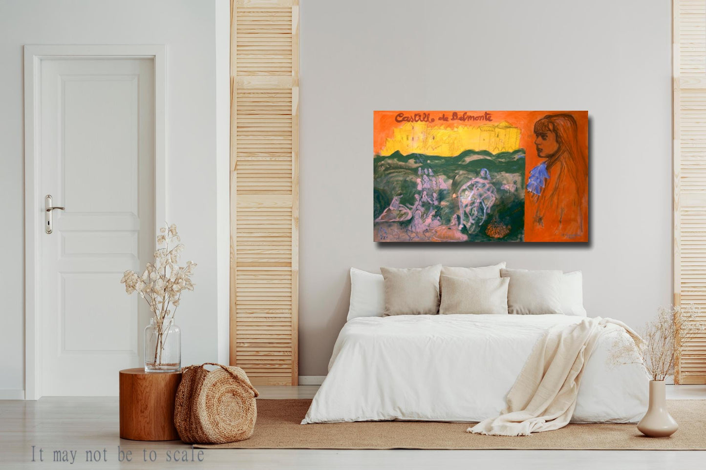 Original Painting canvas 40x26" Large wall Art Orange girl, Castle, landscape green AnaGonzalezArt