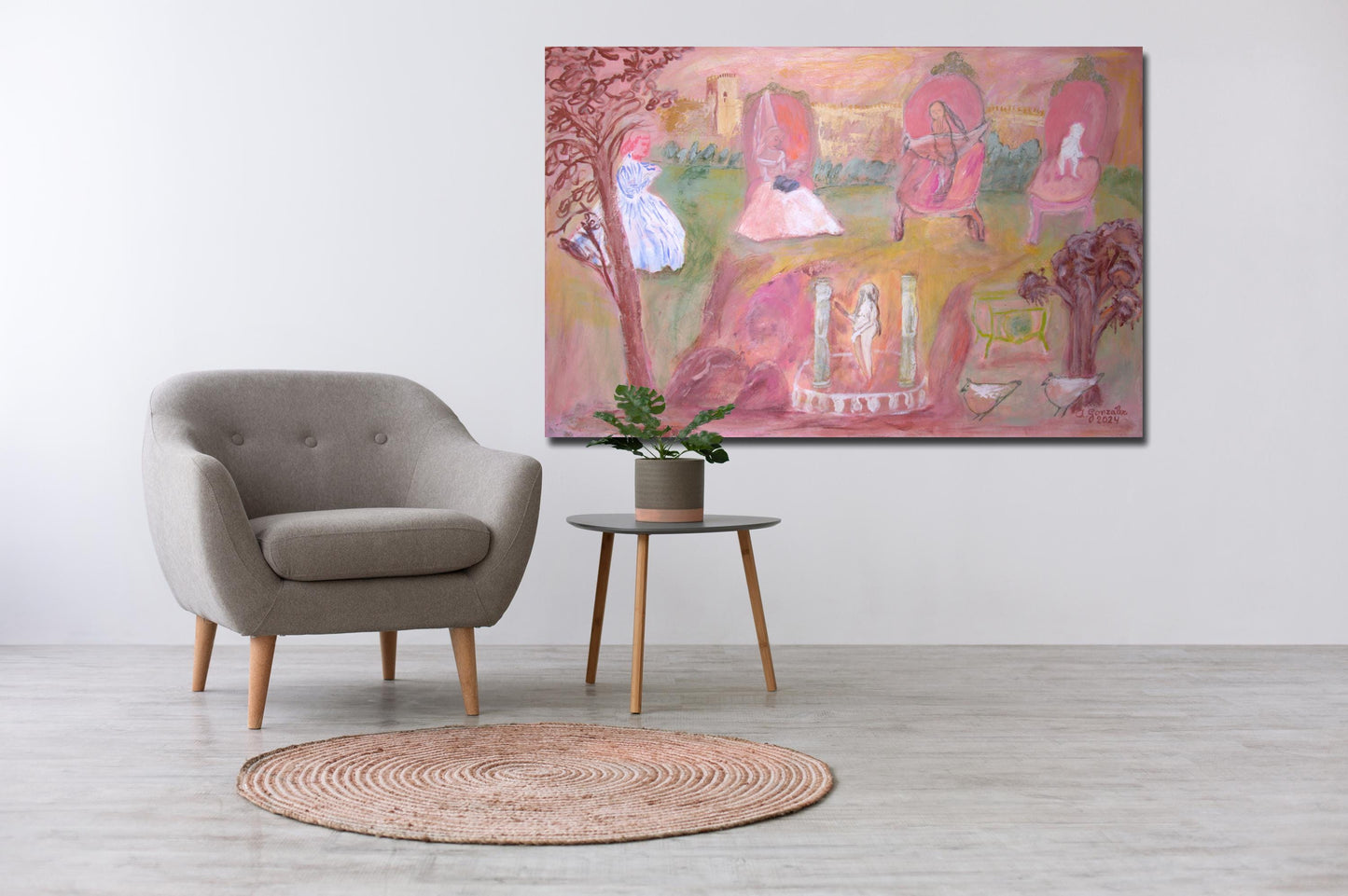 Original Painting canvas 40"x26", 100 x 65 cm, Large wall Art, landscape castle, vintage girls, AnaGonzalezArt