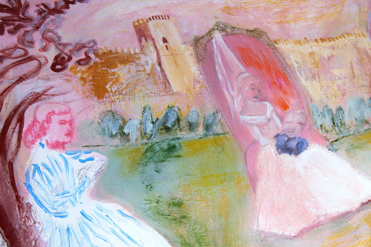Original Painting canvas 40"x26", 100 x 65 cm, Large wall Art, landscape castle, vintage girls, AnaGonzalezArt