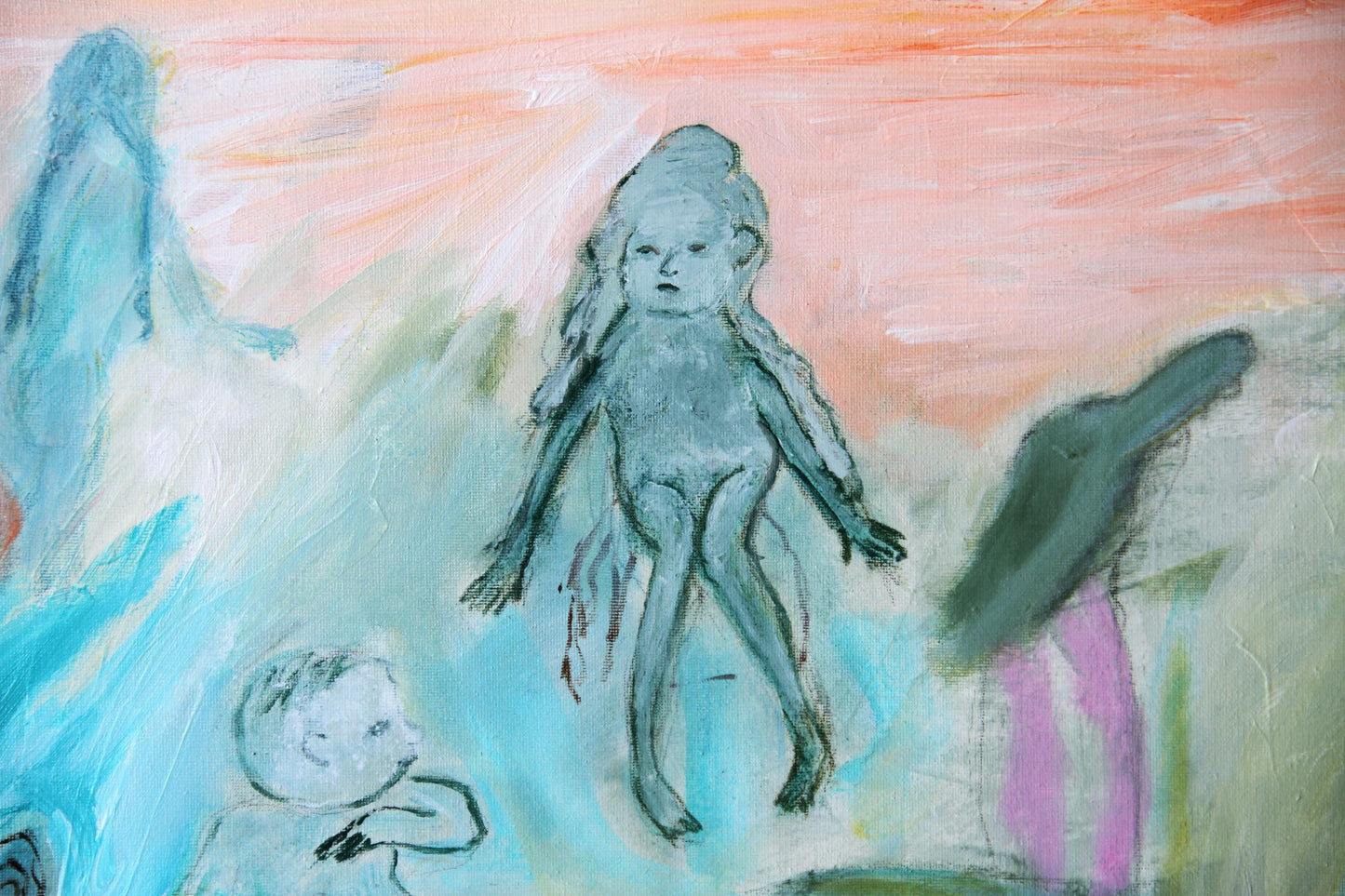 Original Painting canvas wall Art 40"x26" Large, landscape, sea, bathers, orange turquoise, green AnaGonzalezArt