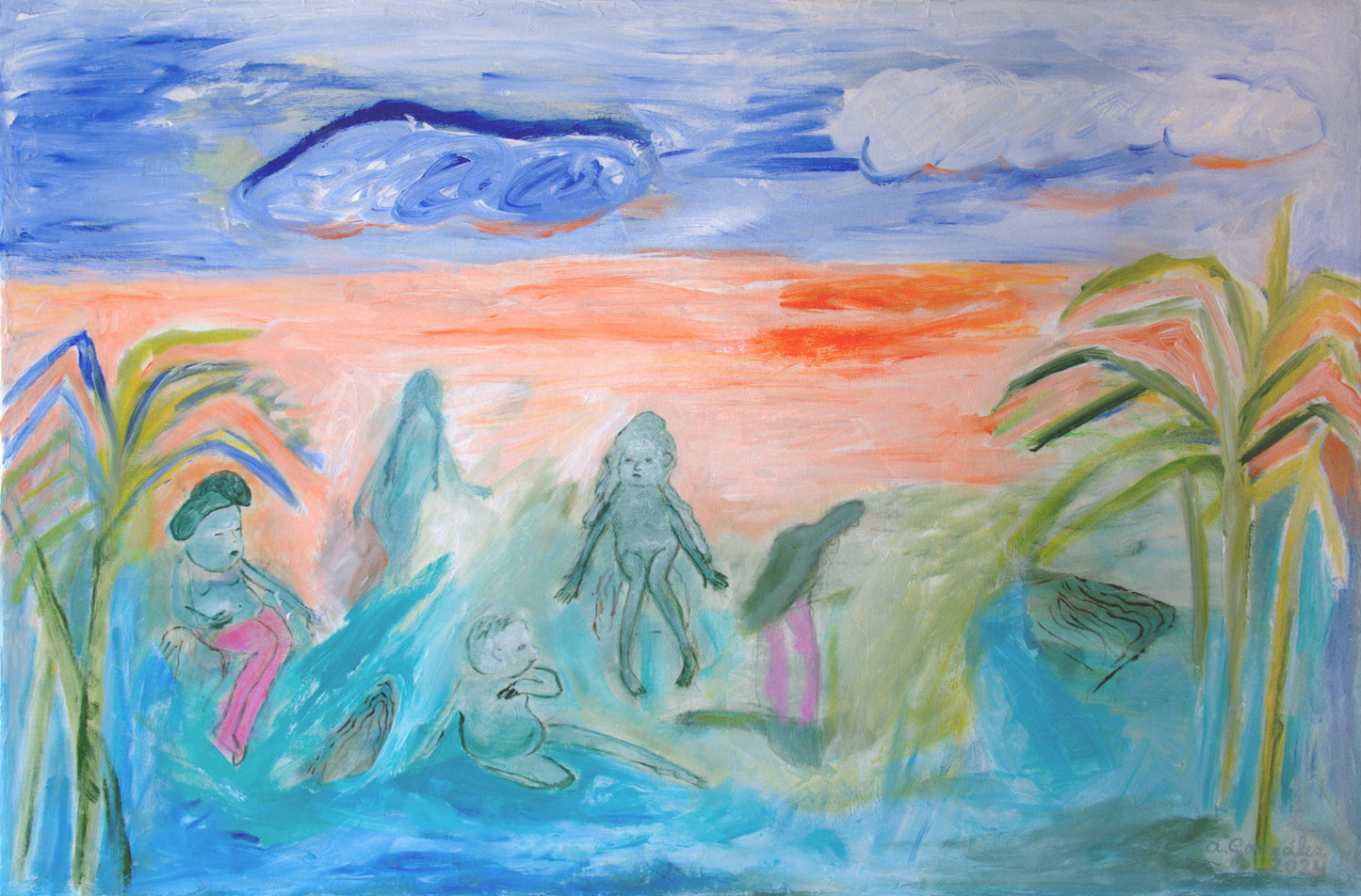 Original Painting canvas wall Art 40"x26" Large, landscape, sea, bathers, orange turquoise, green AnaGonzalezArt