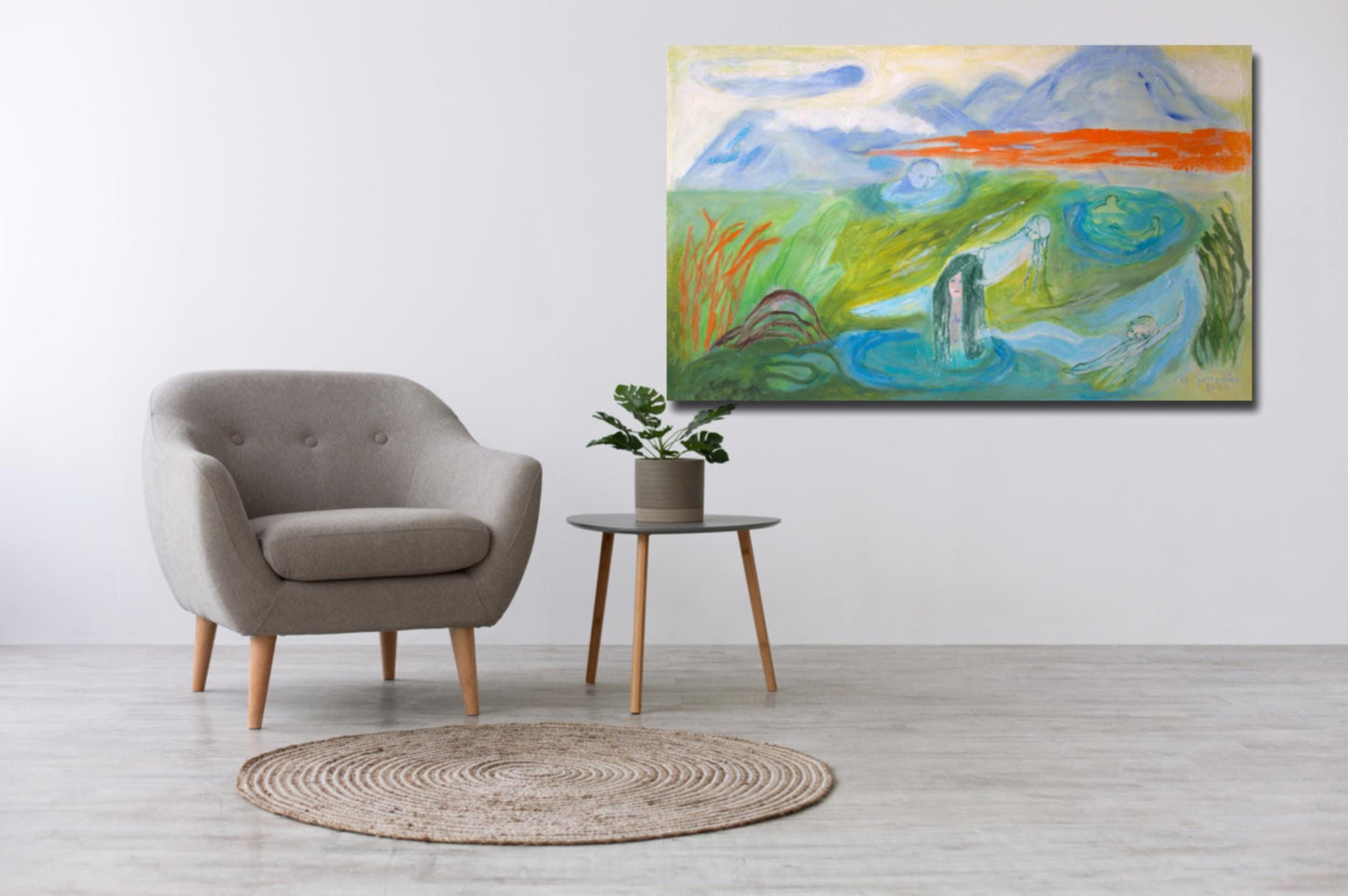 Original Painting canvas wall Art 40"x24", 100 x 60 cm, Large, landscape, bathers, river, girls, turquoise, green AnaGonzalezArt