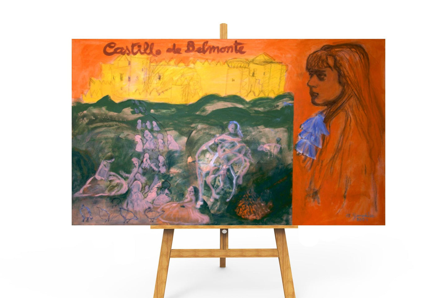 Original Painting canvas 40x26" Large wall Art Orange girl, Castle, landscape green AnaGonzalezArt