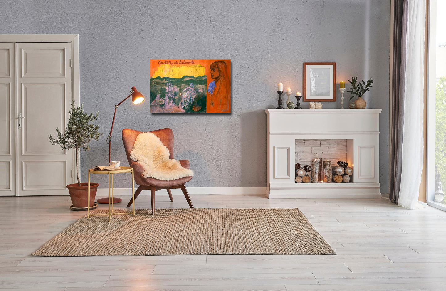 Original Painting canvas 40x26" Large wall Art Orange girl, Castle, landscape green AnaGonzalezArt
