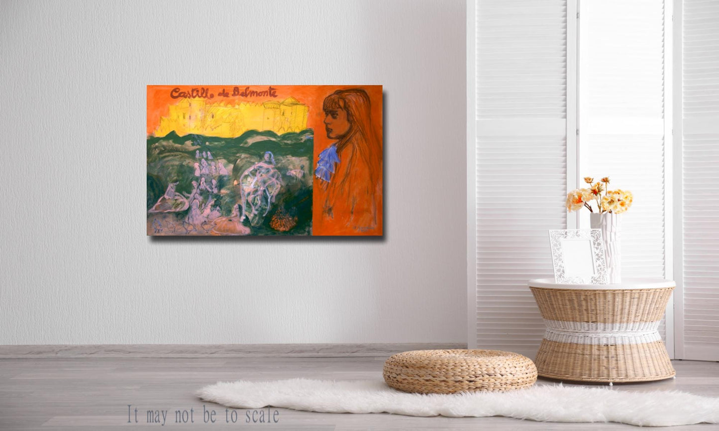 Original Painting canvas 40x26" Large wall Art Orange girl, Castle, landscape green AnaGonzalezArt