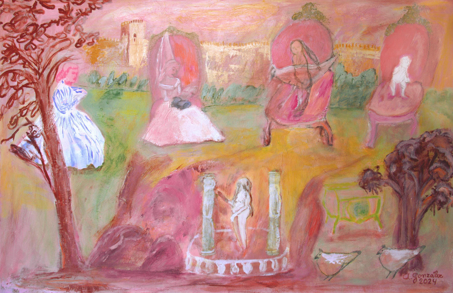 Original Painting canvas 40"x26", 100 x 65 cm, Large wall Art, landscape castle, vintage girls, AnaGonzalezArt