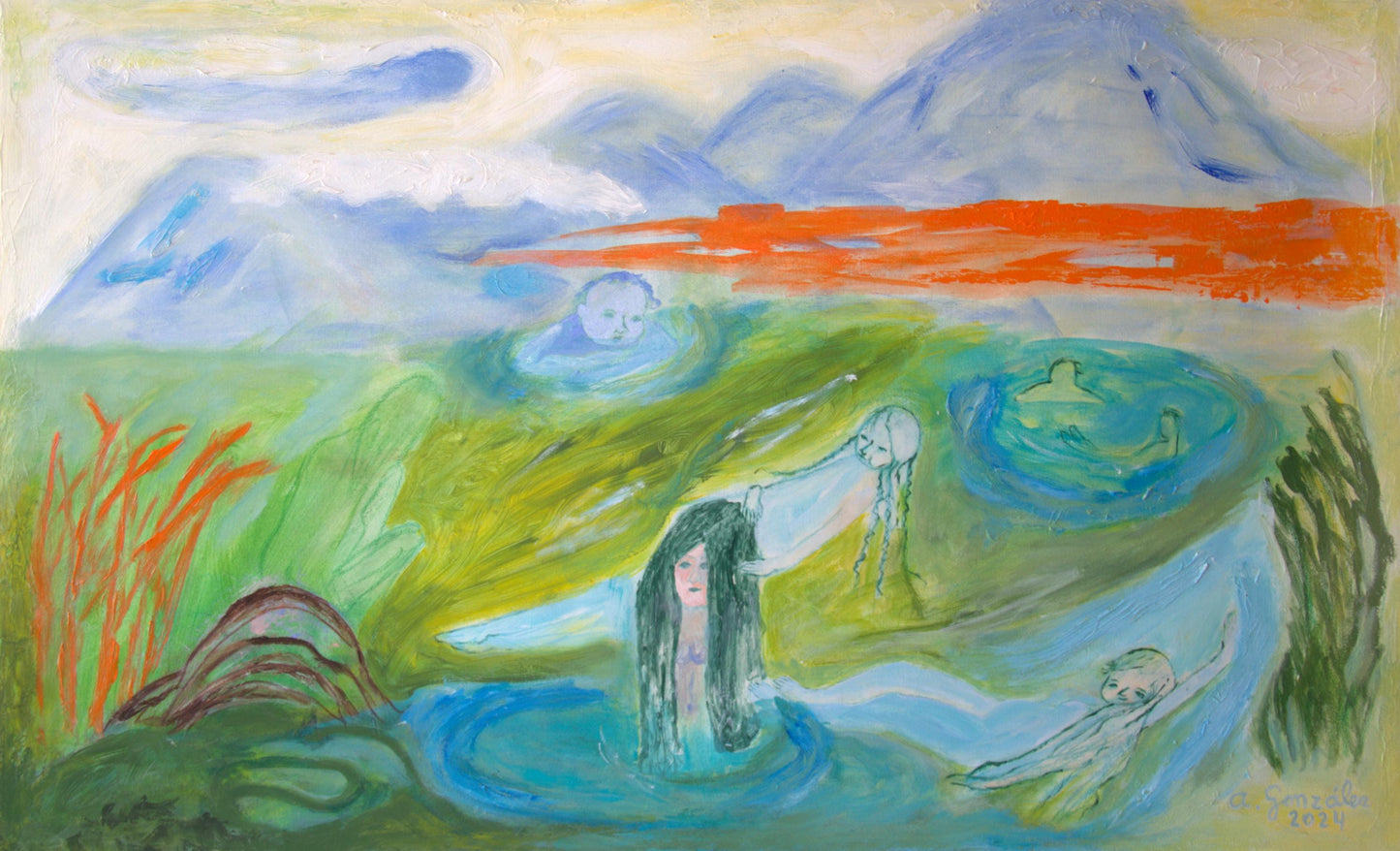 Original Painting canvas wall Art 40"x24", 100 x 60 cm, Large, landscape, bathers, river, girls, turquoise, green AnaGonzalezArt