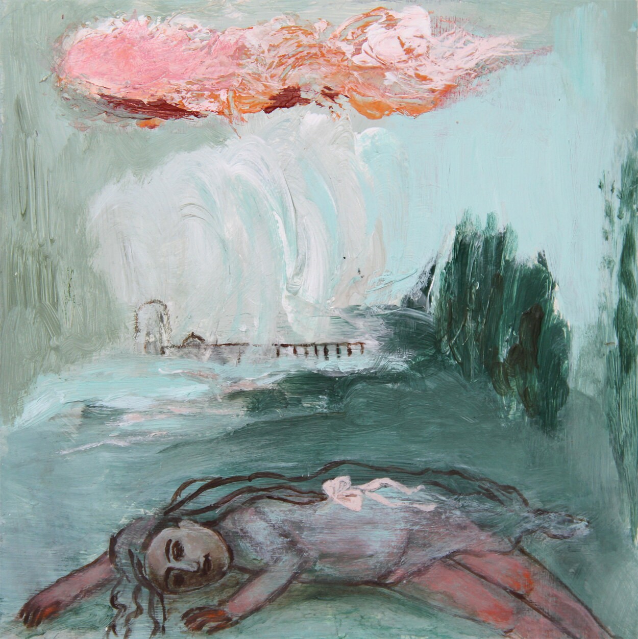 Original Painting 8"x 8" on cradled wood panel, girl and sea, for decor home, green turquoise, pink, mixed media expressionist art