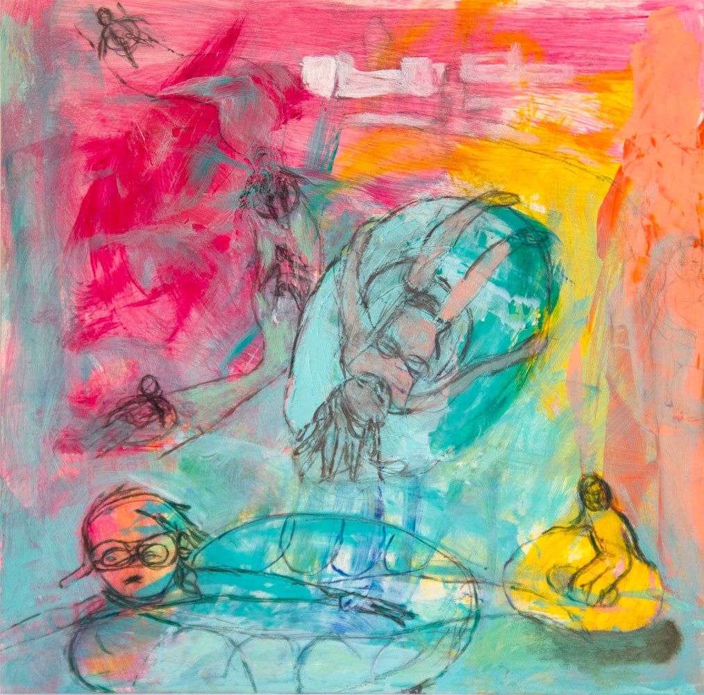Original Painting 12x12 on cradled wood panel, abstract green turquoise, pink, mixed media expressionist art