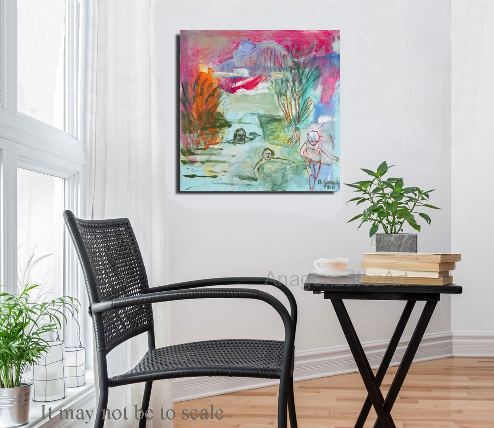 Wall Art Painting 12x12 on cradled wood panel, green turquoise, orange, mixed media expressionism