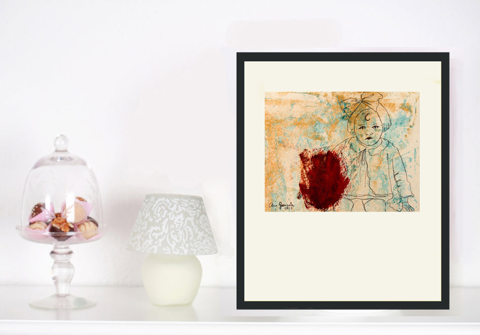 Monotype print original series Isabel child, red ink, turquoise, Isabel waits for the photographer by AnaGonzalezArt