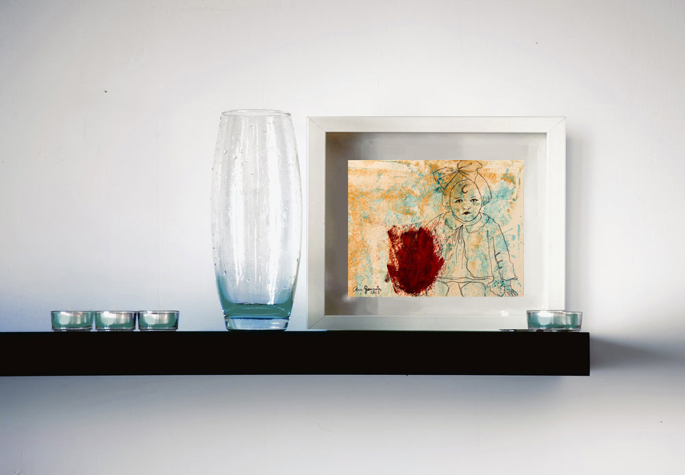 Monotype print original series Isabel child, red ink, turquoise, Isabel waits for the photographer by AnaGonzalezArt