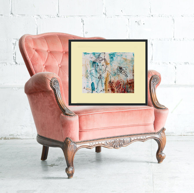 Original Monotype print, series Isabel child, turquoise, black, red ink, by AnaGonzalezArt