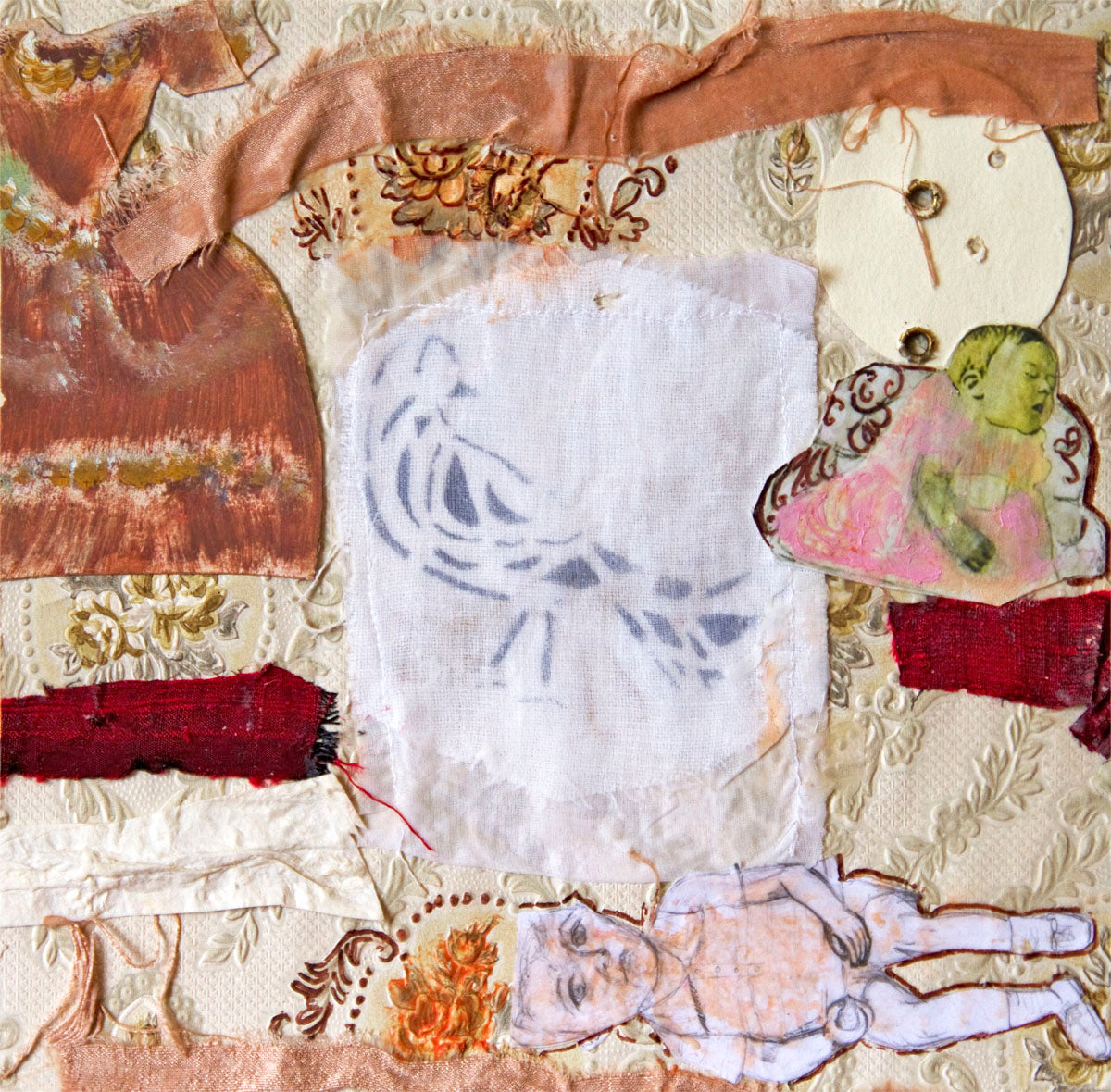 Collage original textured, girl, boy Juegos en el jardín, V pink beig bird, vintage paper by Ana González