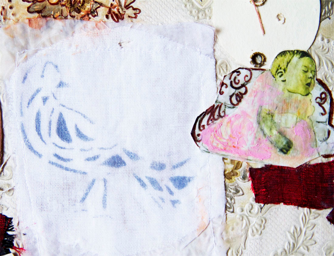 Collage original textured, girl, boy Juegos en el jardín, V pink beig bird, vintage paper by Ana González