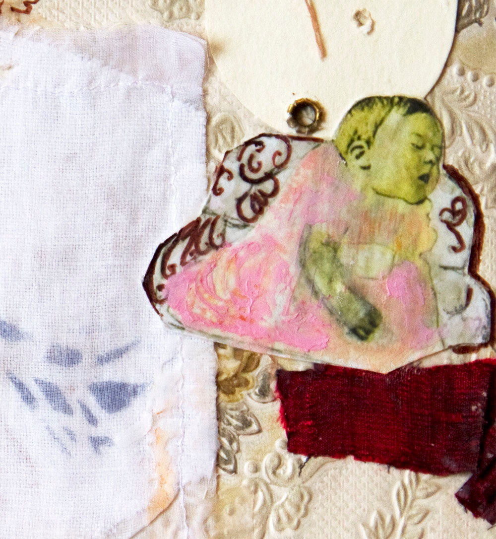 Collage original textured, girl, boy Juegos en el jardín, V pink beig bird, vintage paper by Ana González