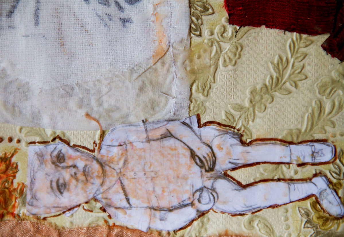 Collage original textured, girl, boy Juegos en el jardín, V pink beig bird, vintage paper by Ana González