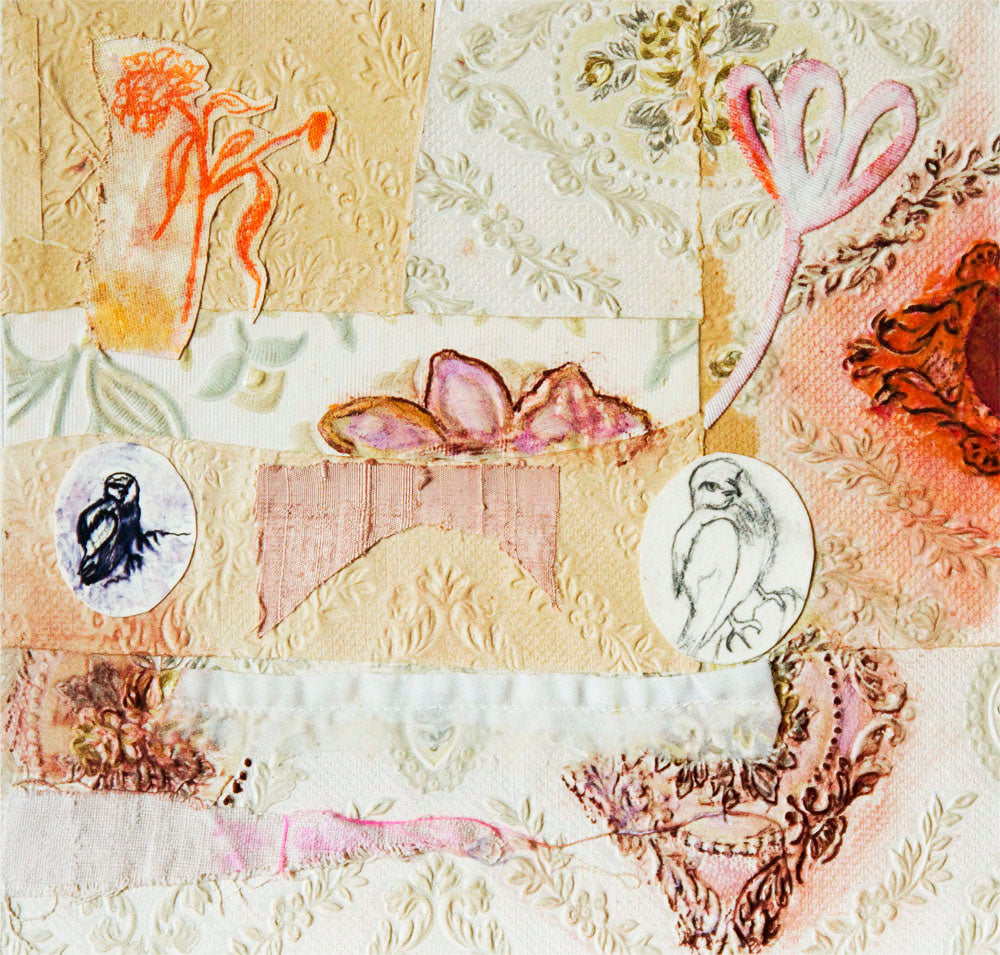 Collage original textured, baby, Juegos en el jardín, VI pink orange birds, flowers, vintage wallpaper by Ana González