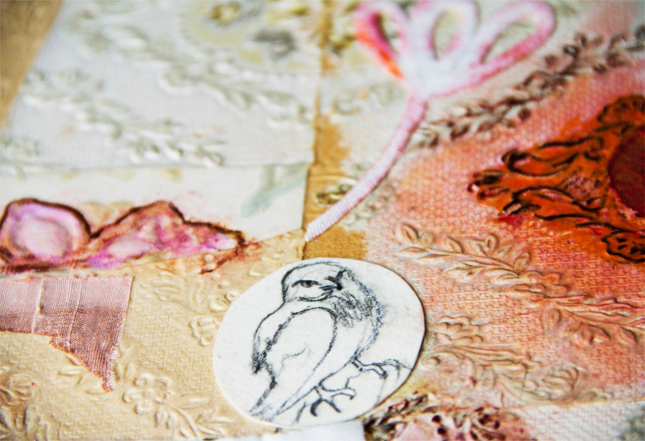 Collage original textured, baby, Juegos en el jardín, VI pink orange birds, flowers, vintage wallpaper by Ana González