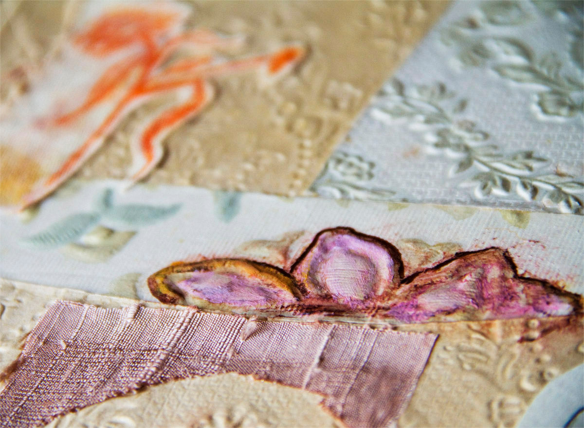 Collage original textured, baby, Juegos en el jardín, VI pink orange birds, flowers, vintage wallpaper by Ana González