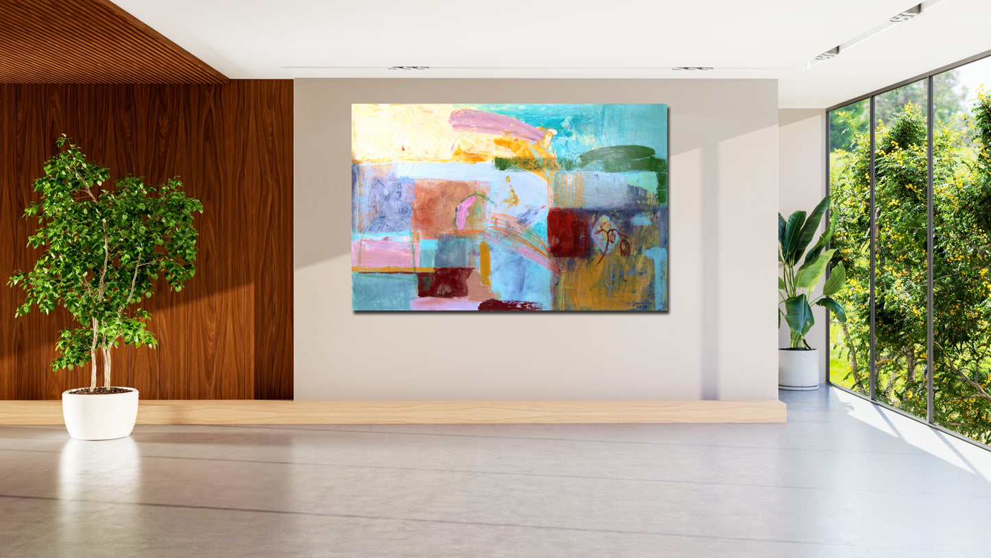 Painting Large wall Art Abstract canvas 40x26 mixed media turquoise, red, orange, green, gray, cream Spanish Art